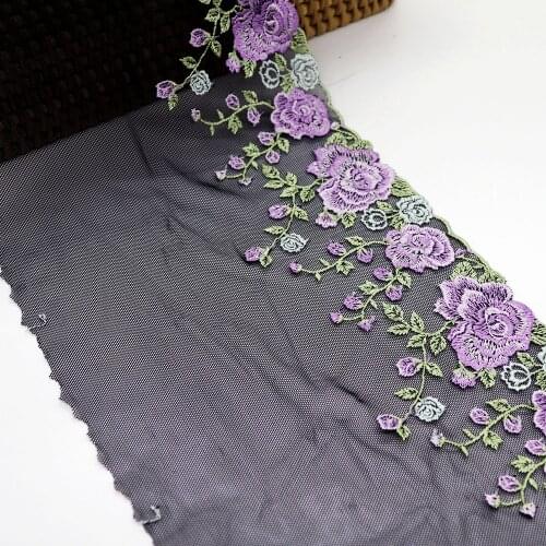 1 Meter 19.5 CM Width Purple Floral Embroidered Lace Trim Black Soft Mesh Fabric For Bra Lingerie Underwear Garment Decor DIY