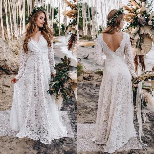 Full Lace Boho Wedding Dresses 2020 Long Sleeve V Neck Open Back Beach Bridal Gown Bohemia Country Bride Dress Vestidos De Noiva