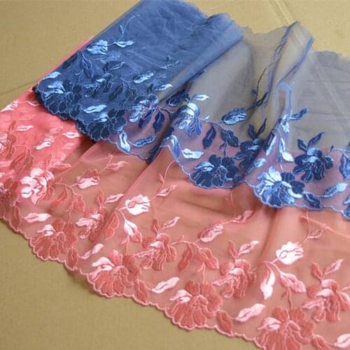 15Yards Lace Trim Blue,Pink Fluorescent Thread Flower Embroidered Scalloped Tulle Lace 19cm Wide High Quality Wedding