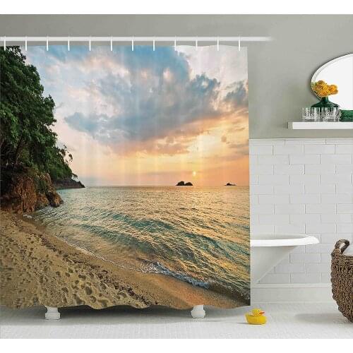 Landscape Shower Curtain Sunset Dawn Sea Ocean Island Romance Tropic Botanic Tree Photo Bathroom Waterproof Curtains