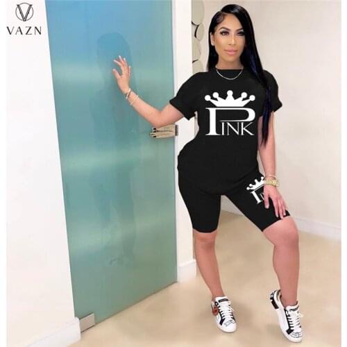 VAZN 2021 Summer Loose Casual Letter O-neck Clubwear Short Sleeve Sport Clothing Suits 2 Piece Set Women Top And Pant