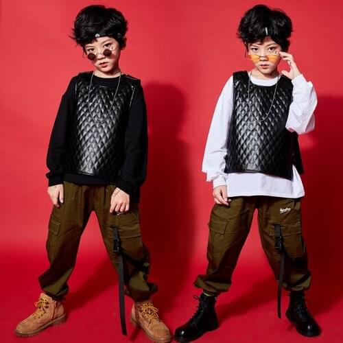 Hip Hop Clothing For Boys Street Dance Costume Black Leather Vest Girls Long Sleeves Tops Pants Hiphop Performance Wear BL4875