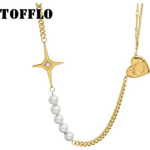 TOFFLO Stainless Steel Jewelry Star Zircon Pendant Necklace Natural Freshwater Pearl Womens Retro Necklace BSP1114