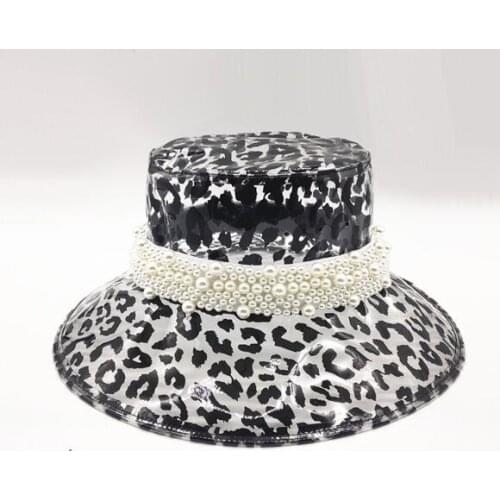 Trend women flappy large brim Plastic PVC bucket hat Lady girl Pearl Beaded Ribbon fisherman cap Panama Breathable sun hat