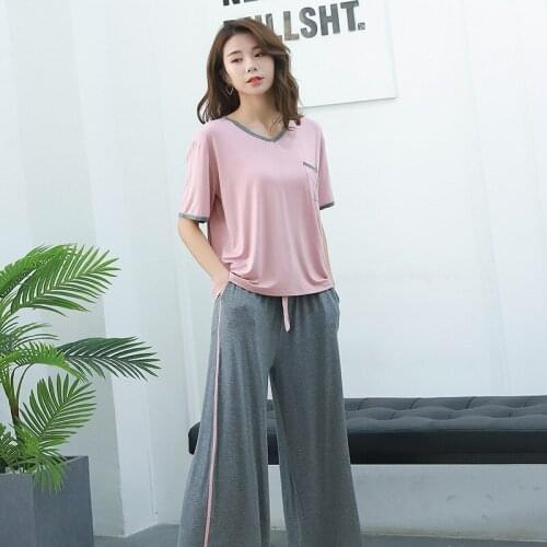 2 Piece Pajamas Set Female Short-sleeved Modal Pyjamas Korean Loose Sleepwear Suit Summer Nine-point Pants Wear-out Homewear