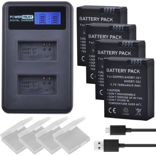 Powertrust 4pcs for Gopro hero3 AHDBT-301 AHDBT-302 Camera Battery +LCD Dual USB Charger for Gopro Hero 3/3+ Camera