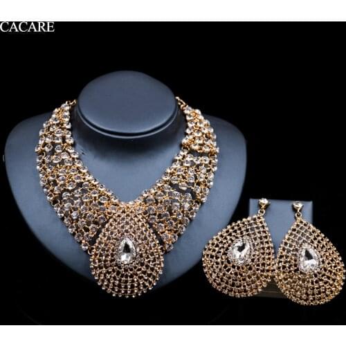 Luxury Dubai Gold Jewelry Sets Women Big Necklace Earring Set Indian Jewellery F1037 Rhinestone Party Jewels CACARE