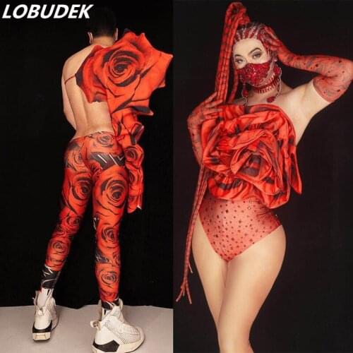 Valentines Day Party Show Men Women Group Dance Costume Red Rose Flower Crystals Bodysuit Nightclub Bar DJ Dancer Stage Wear