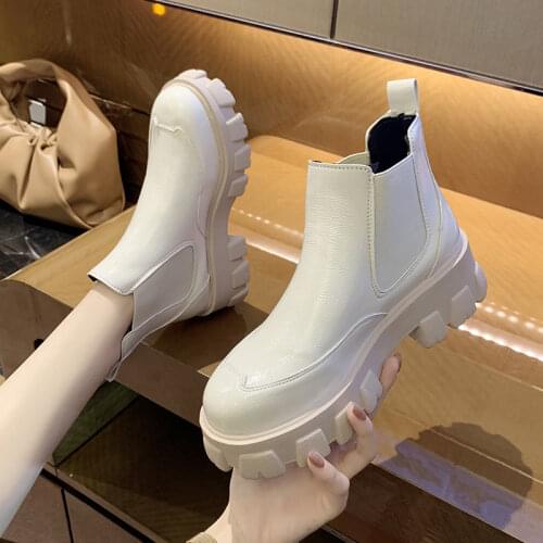 2021 Spring Autumn Patent Leather Ankle Boots Women Motorcycle Boots Female Shoes Woman Thick Sole Punk Boots Beige Black