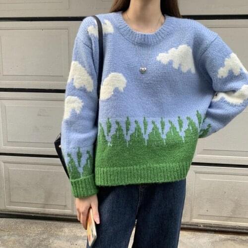 Women Fashion Crew Neck Loose Sweaters 2021 Autumn Ladies Casual Long Sleeve Cloud Grass Print Knitted Pullovers New