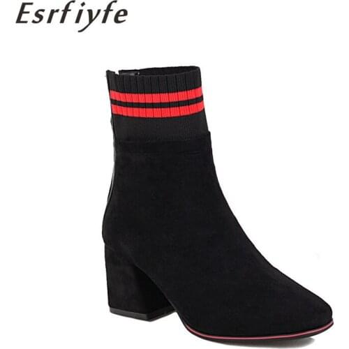 ESRFIYFE 2020 New Fashion Women Back Zipper Ankle Boots Flock Women Shoes Thick Heel Black Pink Autumn Boots Large Size 34-50