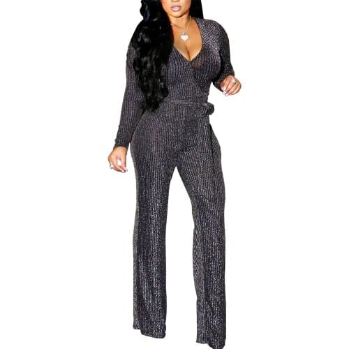 Womens Sexy Long Sleeve Hight Waist Sparkly Wide Leg Jumpsuits Elegant Party Rompers Long Pants