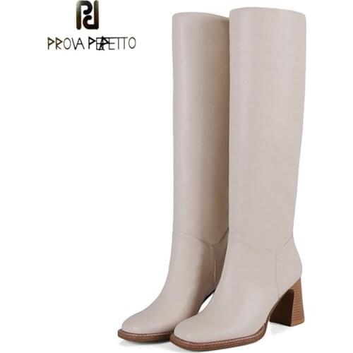 Autumn Product Solid Color Round Wood Grain Thick High-heeled Side Zipper Stacking Feeling Womens High-tube Knee-length Boots