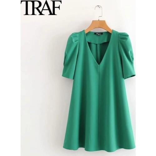 Traf Women Clothing Summer 2021 Chic Loose A-line Short Sleeve Shirt Dresses French Fashion Mini Dress Willon Green Dress
