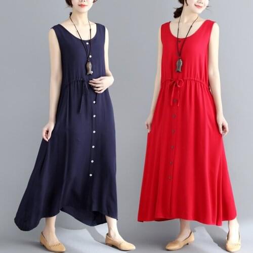 2021 New Arrival Sleeveless Loose Summer Tank Dress Soft Cotton Single Breasted Holiday Beach Casual Dress Women Long Maxi Dress