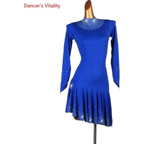 Women Latin Dance Dress Customize Size Rhinestone Long sleeves Blue purple Stage Play Performance Professional Salsa Suit