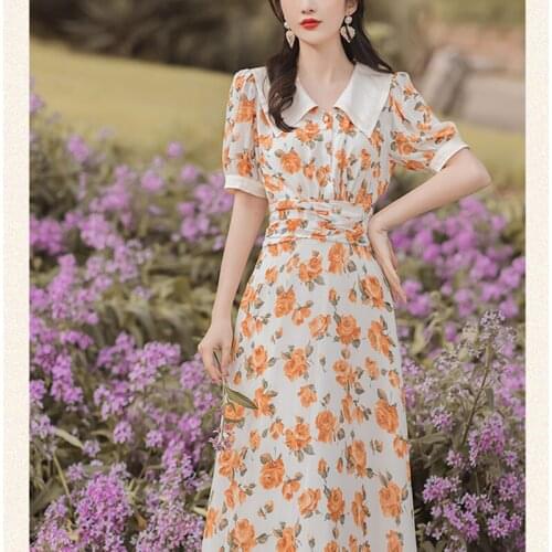 Dresses for Women 2021 Temperament Lapel Chiffon Floral Dress Summer Puff Sleeve Rose Print Retro Midi Dress
