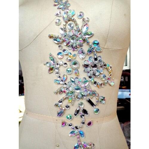 1 Piece Crystal Glass Rhinestone Applique Sew on Lace Applique Beaded Patch For Wedding Dress Bling Bling