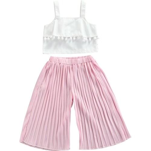 2021 0-5Y Fashion Kids Baby Girl Clothes Set White Solid Tassels Sleeveless Top Vest+Pink Wide Leg Pants Summer 2pcs