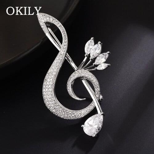 Trendy Beautiful Silver Color Musical Note Charm AAA Zirconia Brooch Pin for Women Girl Dress Jewelry Accessories