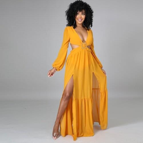 Echoine Long Sleeve High Split Maxi Long Dress with Belt Slim Sexy Backless Lace Up Tie Bow Vestidos Boho Lady Bohemian Summer