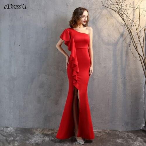Elegant Ruffles Evening Dress One Shoulder Mermaid Dress 5 Colors Celebrity Gown Slit Long Party Wear YNY-18266