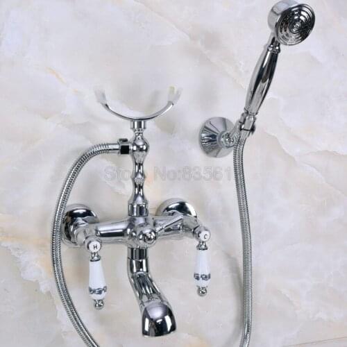 Chrome Polished Wall Mount Clawfoot Bath Tub Faucet Mixer Tap w/ Handheld Spray Showerr tna240