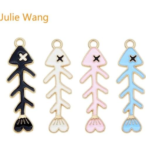 Julie Wang 4PCS Enamel Fish Bone Charms Alloy Gold Tone Fishbone Necklace Bracelet Earring Findings Jewelry Making Accessory
