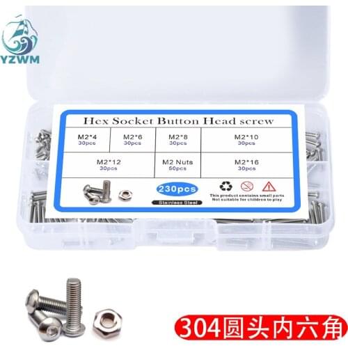 M2 230pcs Stainless Steel 304 Round Head Pan Head Hexagon Screw Bolt Nut A2 Box Package