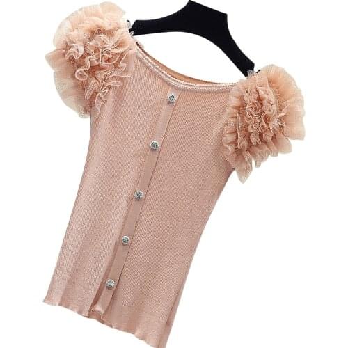 Bottom Shirt Tops Summer Fashion Ice Knit T Shirt Womens Slim Short-sleeved Button Gauze Ruffles Shoulder Knitted T-shirt