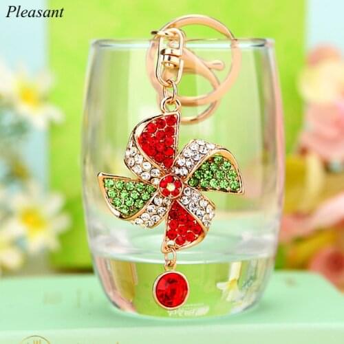 Dazzling Fashion Crystal Small Windmill Car Keychain High Quality Female Bag Pendant Metal Key Ring Gift Wholesale