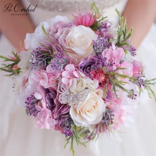 PEORCHID Purple Pink Wedding Bouquet Pivoine Handmade Silk Flowers Artificial Hydrangea Rose Butterfly Brooch Bridal Bouquet