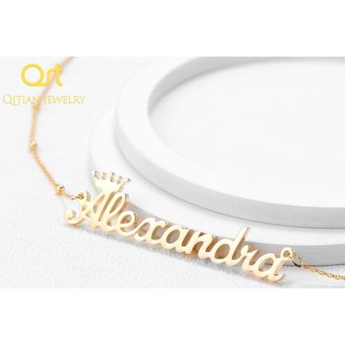 Personalized Name Crown Necklace Handmade Custom Cursive Font Nameplate Pendant Stainless Steel beads Chain Jewelry for women