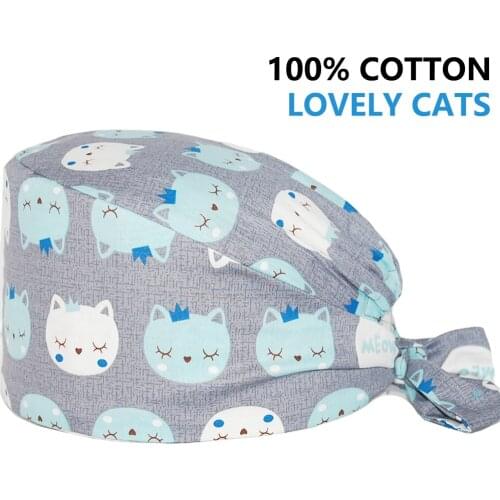 Adjustable Surgicals Hat Unisex Cat Printing Dentist Clinic Beauty Salon Lab work Nursing Cap Uniform Accessories Scrubs Caps