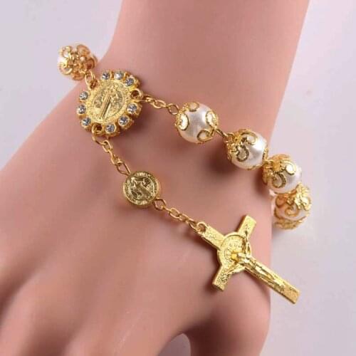 Religious Jesus Cross Bracelet Girls Female Gold Beads San Benito Alloy Boho Charms Bracelets For Women Jewelry Bijoux