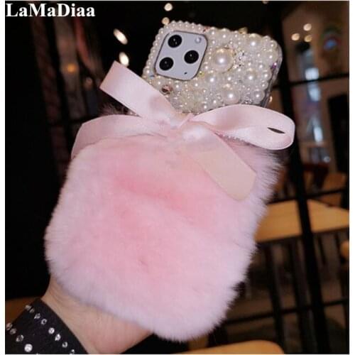 Luxury Warm Fluffy Rabbit Fur Bling Diamond Pearl Jewelry Soft Case Cover For Samsung A3 A5 A7 2017 A9 A8 A6 PLUS A50 A70 A80