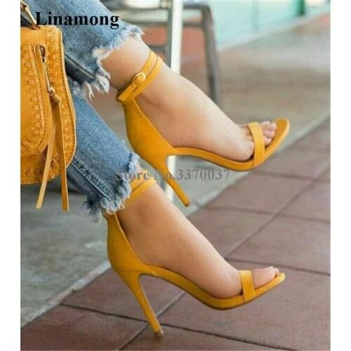 Simple Style Women Elegant Yellow Suede Leather One Strap Thin Heel Sandals Ankle Strap High Heel Sandals Club Dress Shoes