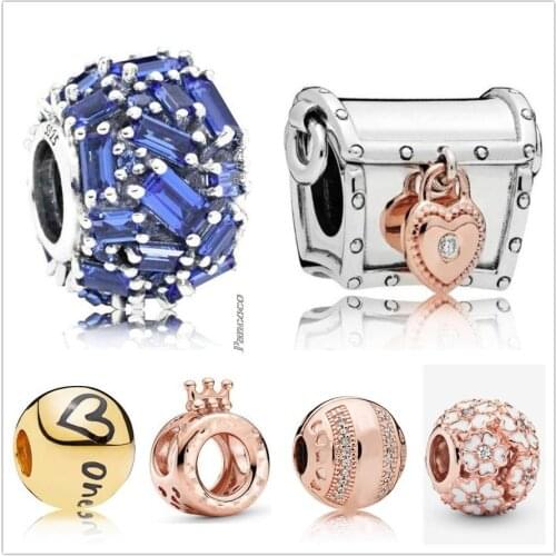 Original 925 Sterling Silver Blue Chiselled Elegance With Baguette Crystal Charm Beads Fit Pandora Bracelet & Necklace Jewelry