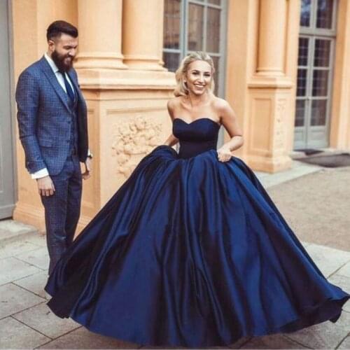 Navy Blue Ball Gown Prom Dresses 2019 Modern Sweetheart Sleeveless Lace-up Back Arabic Women Formal Evening Gowns