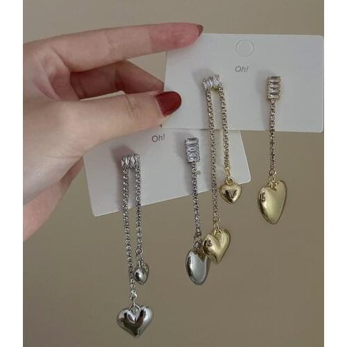 YAOLOGE 2 Colors Asymmetry Heart Rhinestone Tassel Alloy Drop Earring For Women 2021 Trend Party Gift Fashion Jewelry Brincos