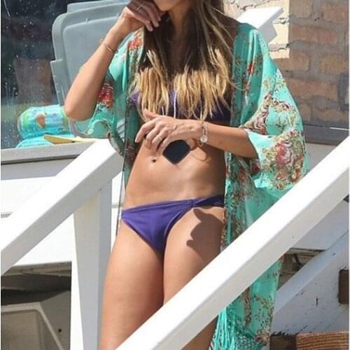 Women Beach Blouse Cover Up Ladies Sun Protection Clothing Boho Tunic Kimono Green Fringed Shawl Kimono Chiffon Shirt