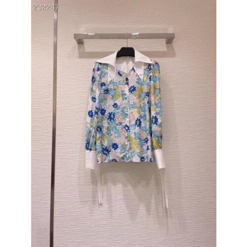 2021 New Autumn Fashion Runway Silk Flower Print Blouse Shirt Womens Elegant V-Neck Long Sleeves Blouses