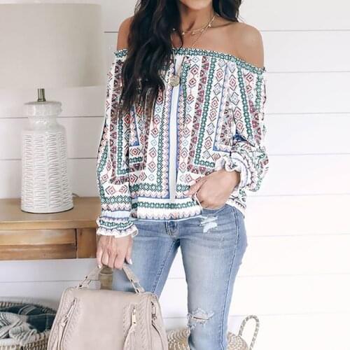 Women Blouses 2019 Sexy Off Shoulder Slash Neck Women Clothes Ruffle Printed 2XL Plus Size Tops Blusas Mujer De Moda