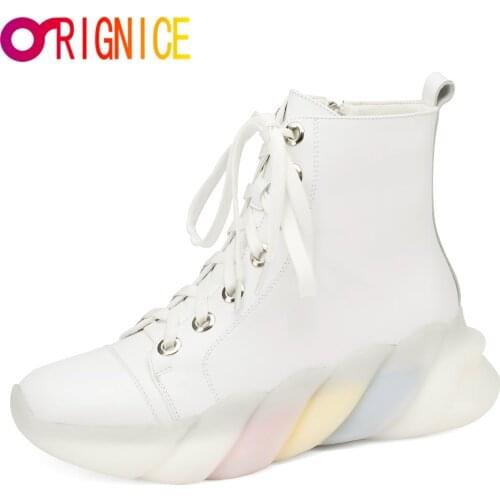 Orignice Women Autumn Ankle Boots High Quality Leather Women Lace Up Short Round Toe New Fashion Casual Wild Shoes Black White