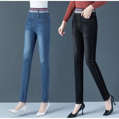 Spring Autumn Elastic waist Jeans Women Plus size Stretch high waist Pencil Trousers Multiple pockets Casual Denim Skinny pants