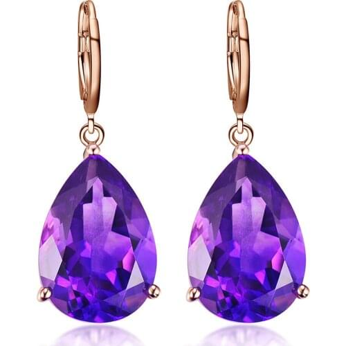 Fashion water drop purple crystal amethyst gemstones drop earrings for women rose gold tone jewelry bijoux brincos accessories