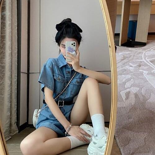 New Summer 2020 Jean Jumpsuit Shorts High Waist For Women Collect Waist Show Thin Lapel Tooling Fashion Comfortable