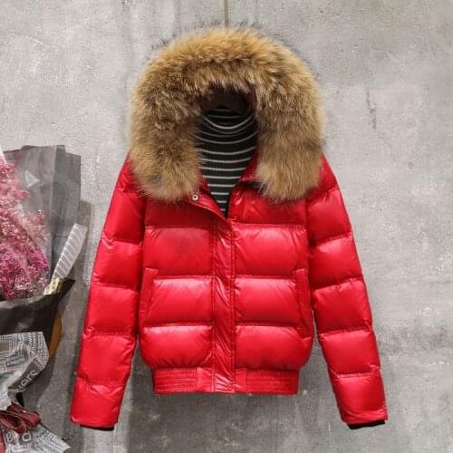 New winter womens real raccoon fur collar white duck down hooded jacket short coat female slim casual down jacket
