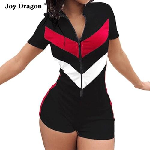 Fashion Casual Women New Stitching Contrast Color Zipper Slim Short Sleeve Jumpsuit Combinaison Femme Ropa De Mujer Body Suit