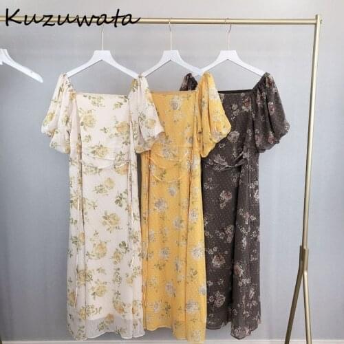 Japan Sweet Style Summer Women Dress Lantern Sleeve High Waist Print Bandage Mid-Calf Dresses 2021 New Design Vestido